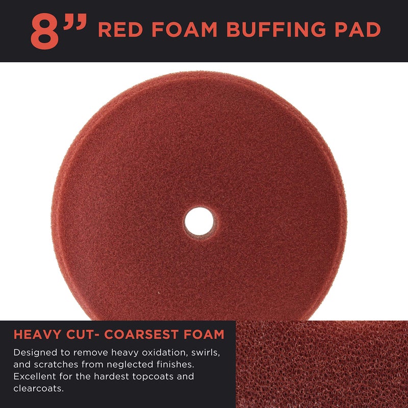 TCP Global 8" Red Foam Buffing Pad Extra Coarse Cutting Polish Hook and Loop Backing - Buffing Pad for Automotive, Marine, Truck, RV & Compound Cutting - Image 2